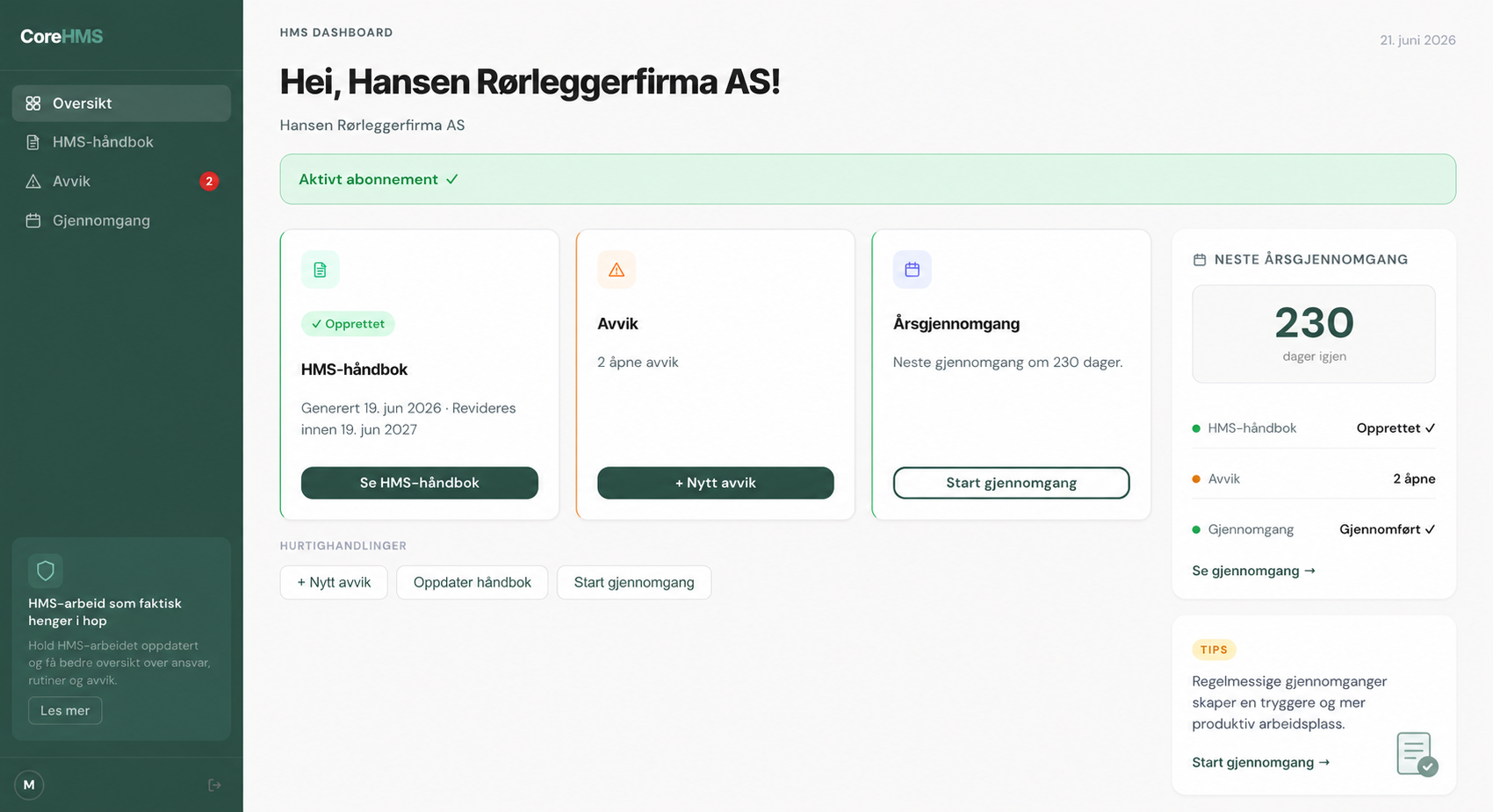 CoreHMS dashboard